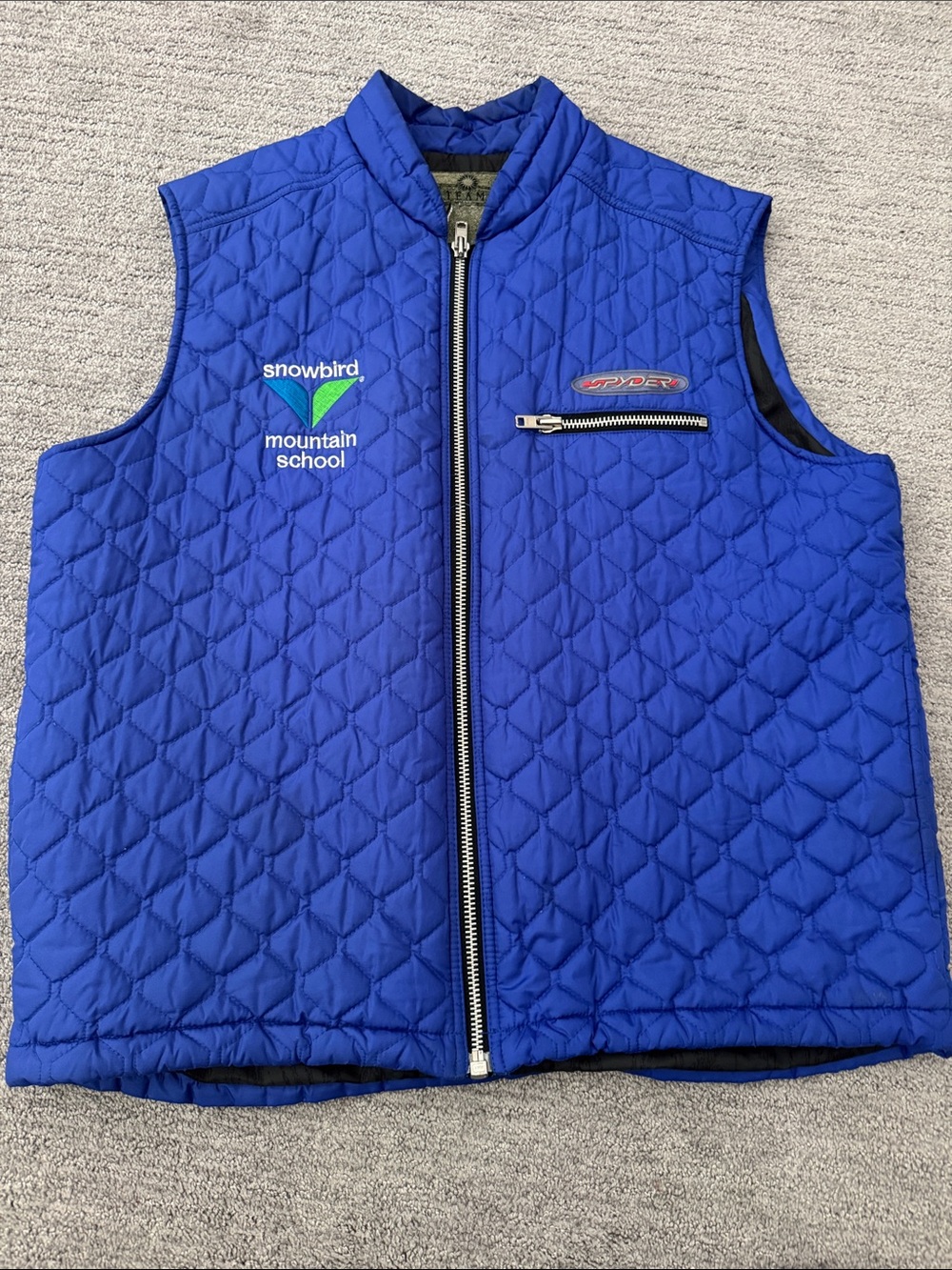 Vintage Spyder Royal Blue Quilted Vest with Snowbird Mountain School Logos Sz L
